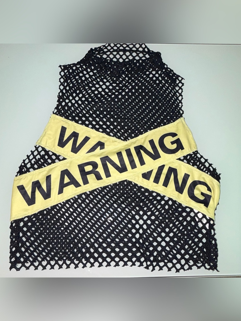 Black Fishnet Crop Top with Yellow Warning Band - Picture 4 of 5